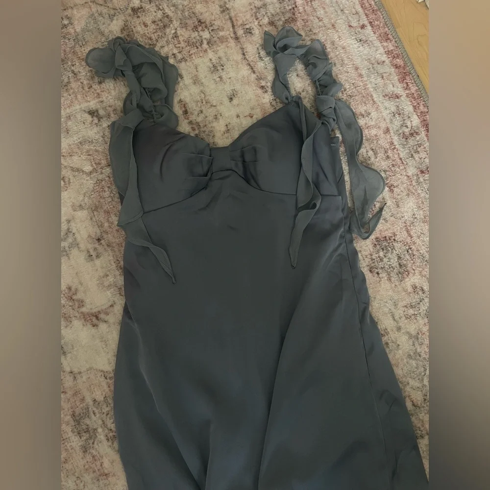 Dusty Blue Bow Satin Mini Dress - Picture 5 of 5